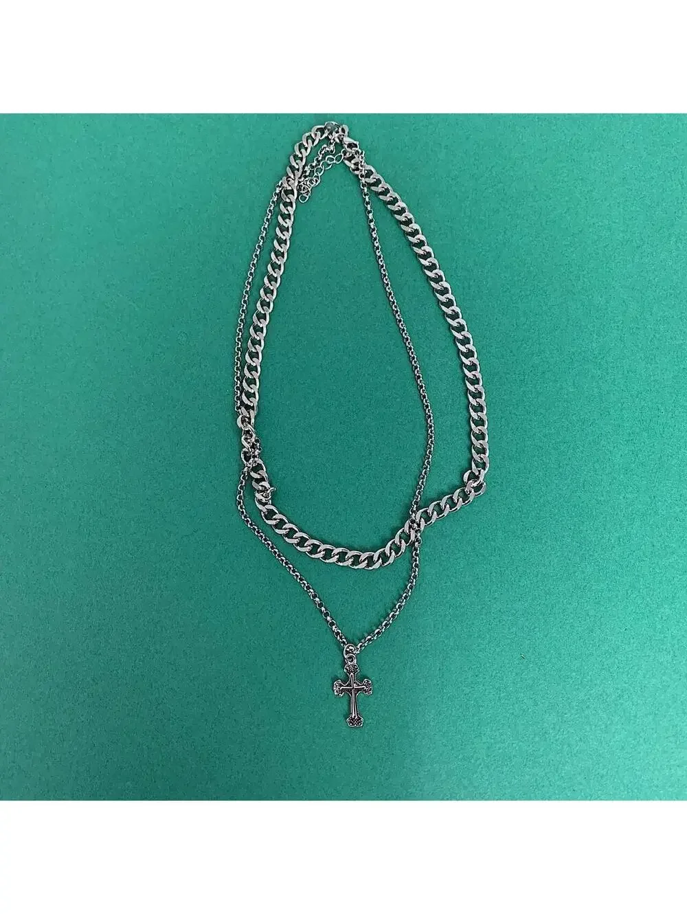 Y2k 2000s style Stainless Steel Double layer silver chrome cross chain grunge Cu